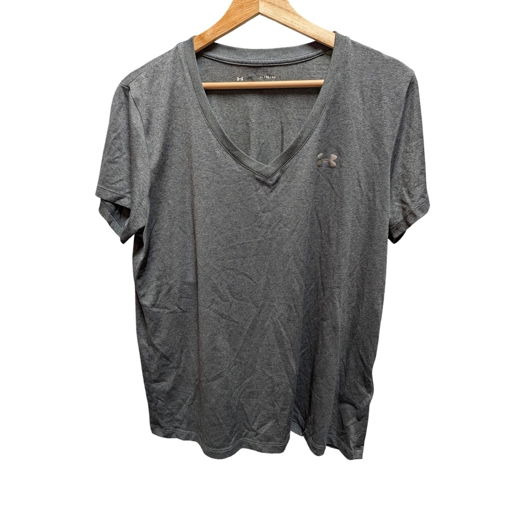 Under Armour T-Shirt Women XL Gray Excellent V-Neck HeatGear Loose Fit Short Slv